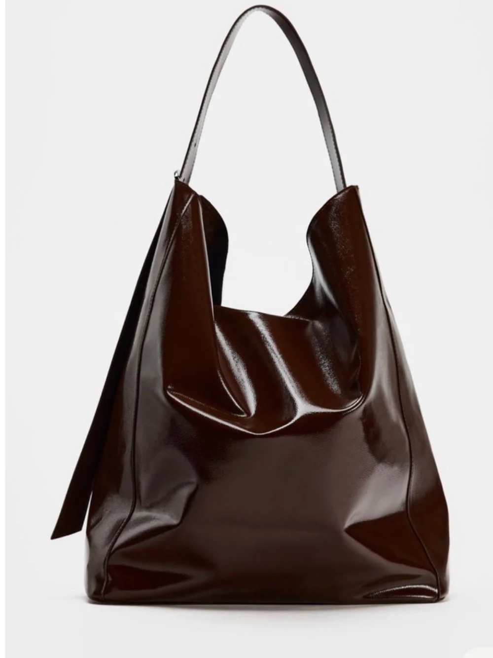 Zara Maxi Bucket Bag Magnetic Closure Vegan Patent Leather Dark Brown - New